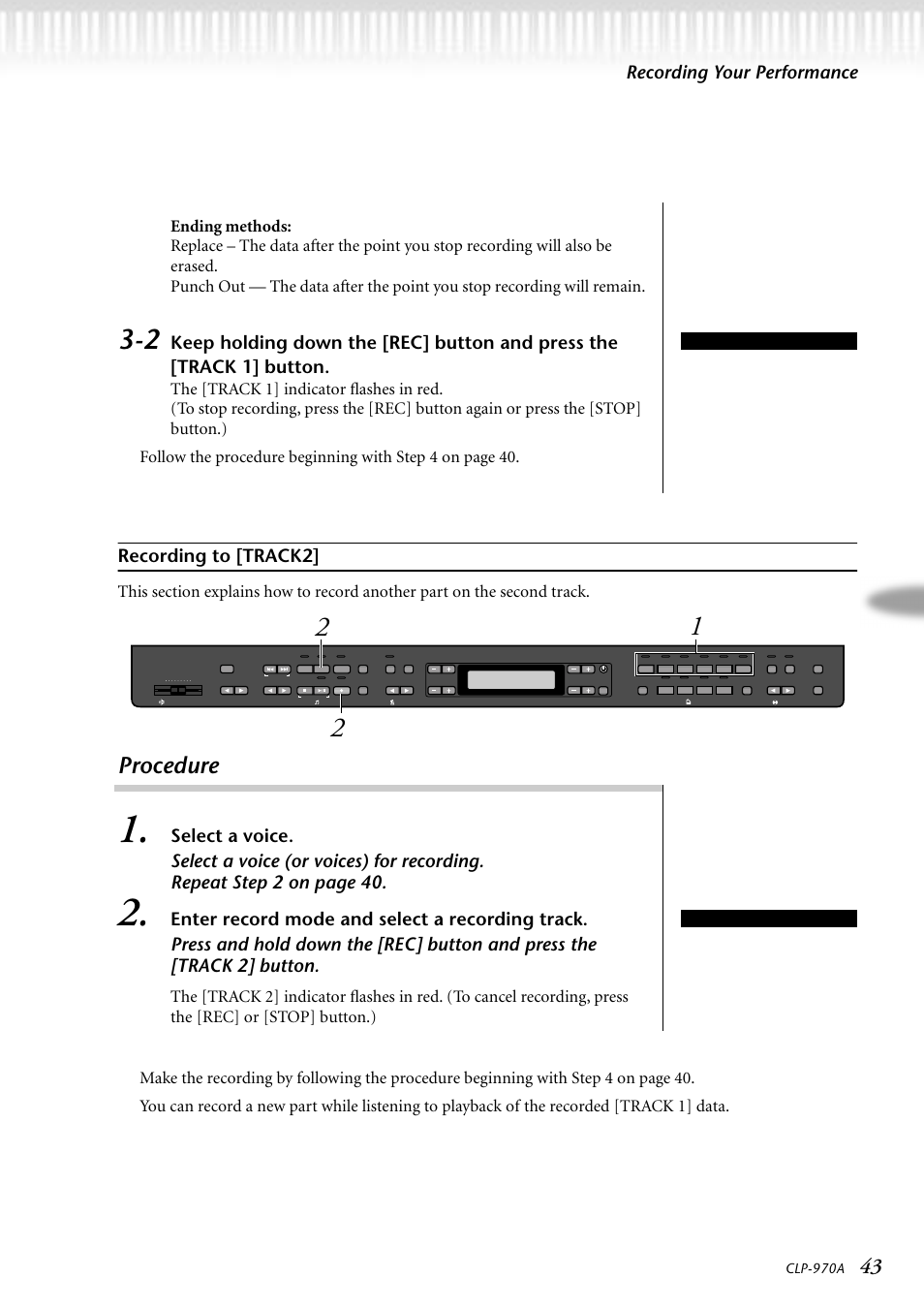 Recording to [track2, Procedure, Select a voice | Enter record mode and select a recording track | Yamaha CLP-970AM User Manual | Page 43 / 104