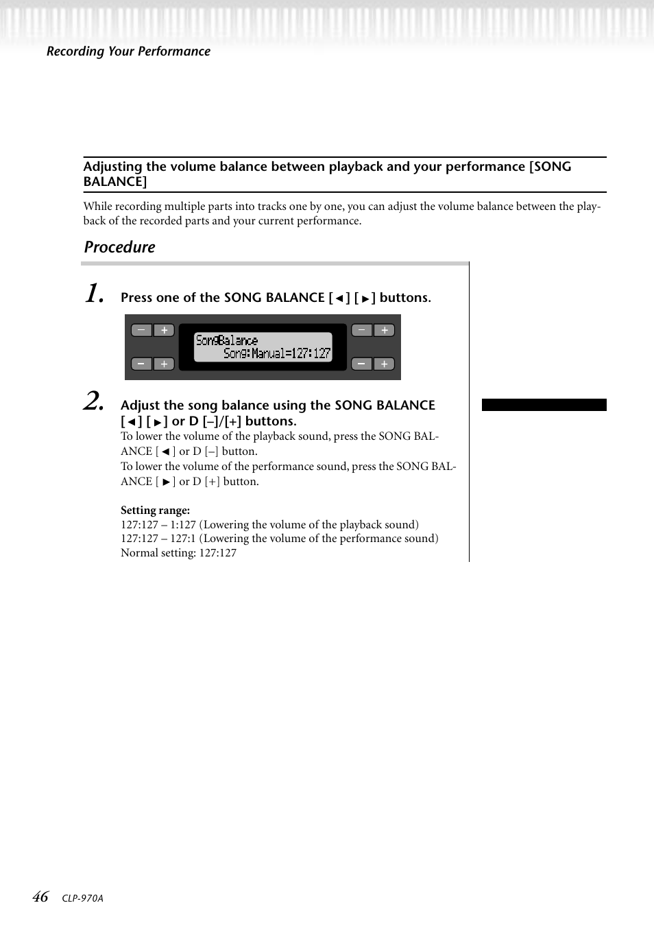 Procedure, Press one of the song balance ^ ] ^] buttons | Yamaha CLP-970AM User Manual | Page 46 / 104