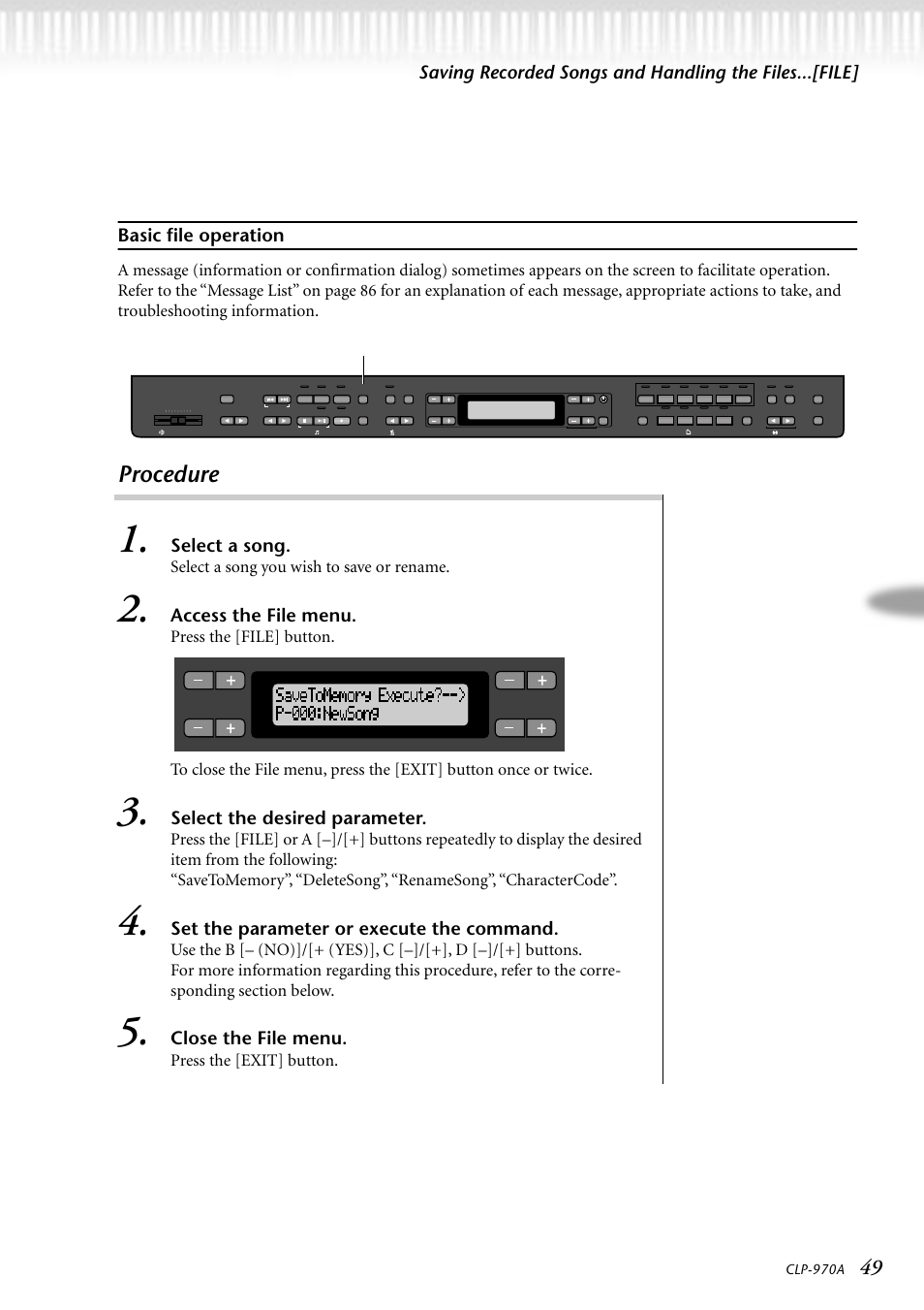 Basic file operation, Procedure, Select a song | Access the file menu, Select the desired parameter, Set the parameter or execute the command, Close the file menu, Select a song you wish to save or rename, Press the [exit] button, File | Yamaha CLP-970A User Manual | Page 49 / 104