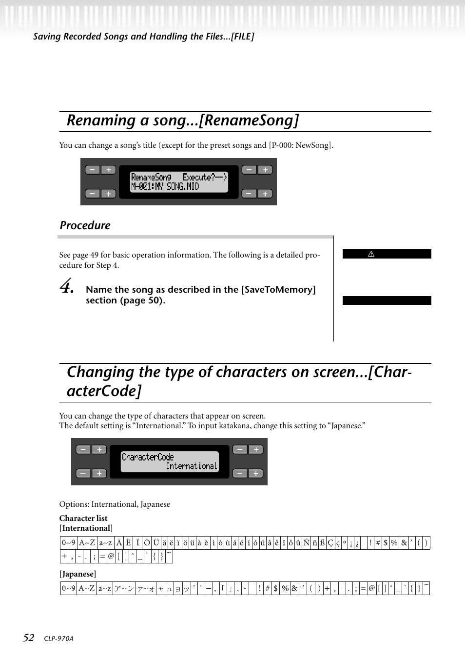 Renaming a song...[renamesong, Procedure, 7~y 7 | Y ^ ° - o | Yamaha CLP-970AM User Manual | Page 52 / 104