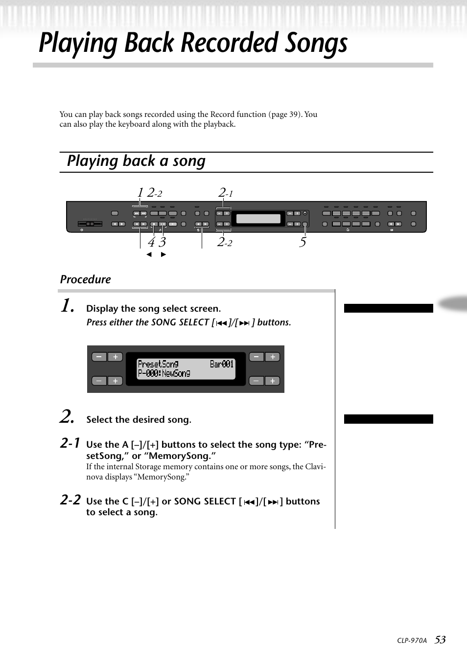 Playing back recorded songs, Playing back a song, Song balance | Tempo [down] [up, Procedure, Display the song select screen, Select the desired song, 6 song balance h | Yamaha CLP-970AM User Manual | Page 53 / 104