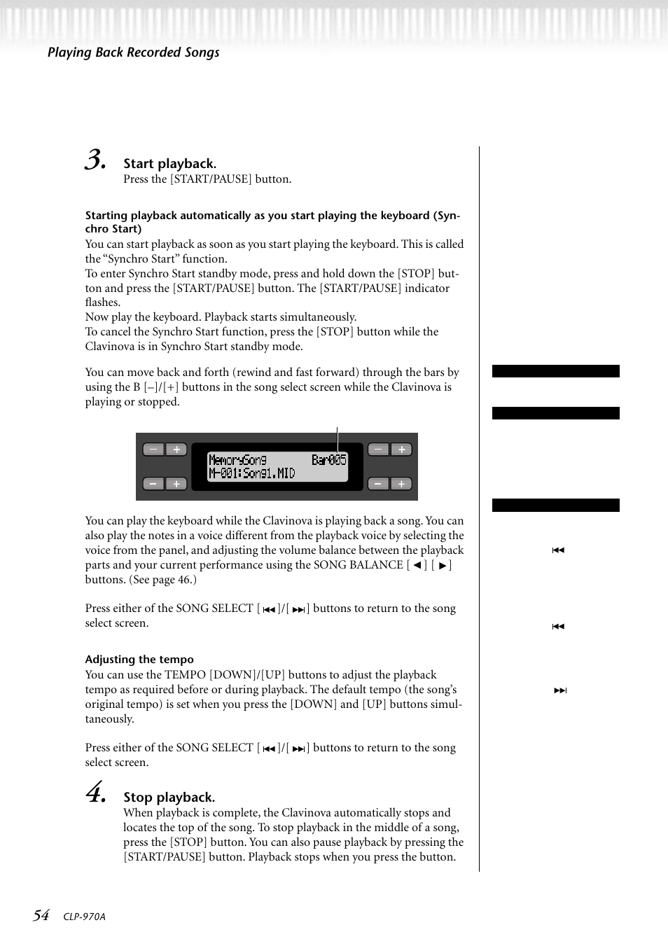 Start playback, Adjusting the tempo, Stop playback | Yamaha CLP-970AM User Manual | Page 54 / 104