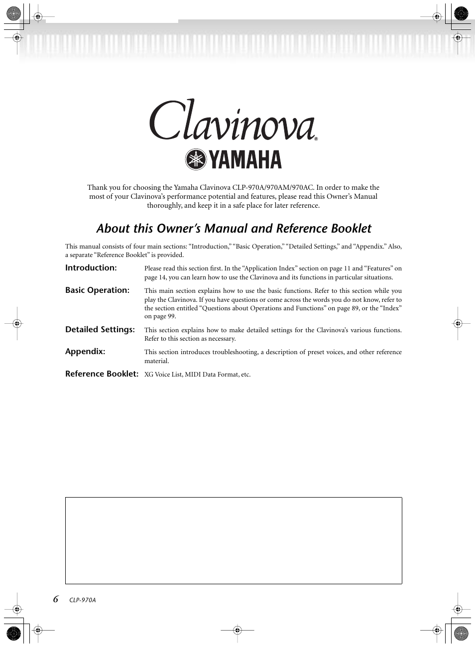 Cldvinova, Detailed settings, Appendix | Trademarks, Clavinova web site, Yamaha | Yamaha CLP-970AM User Manual | Page 6 / 104