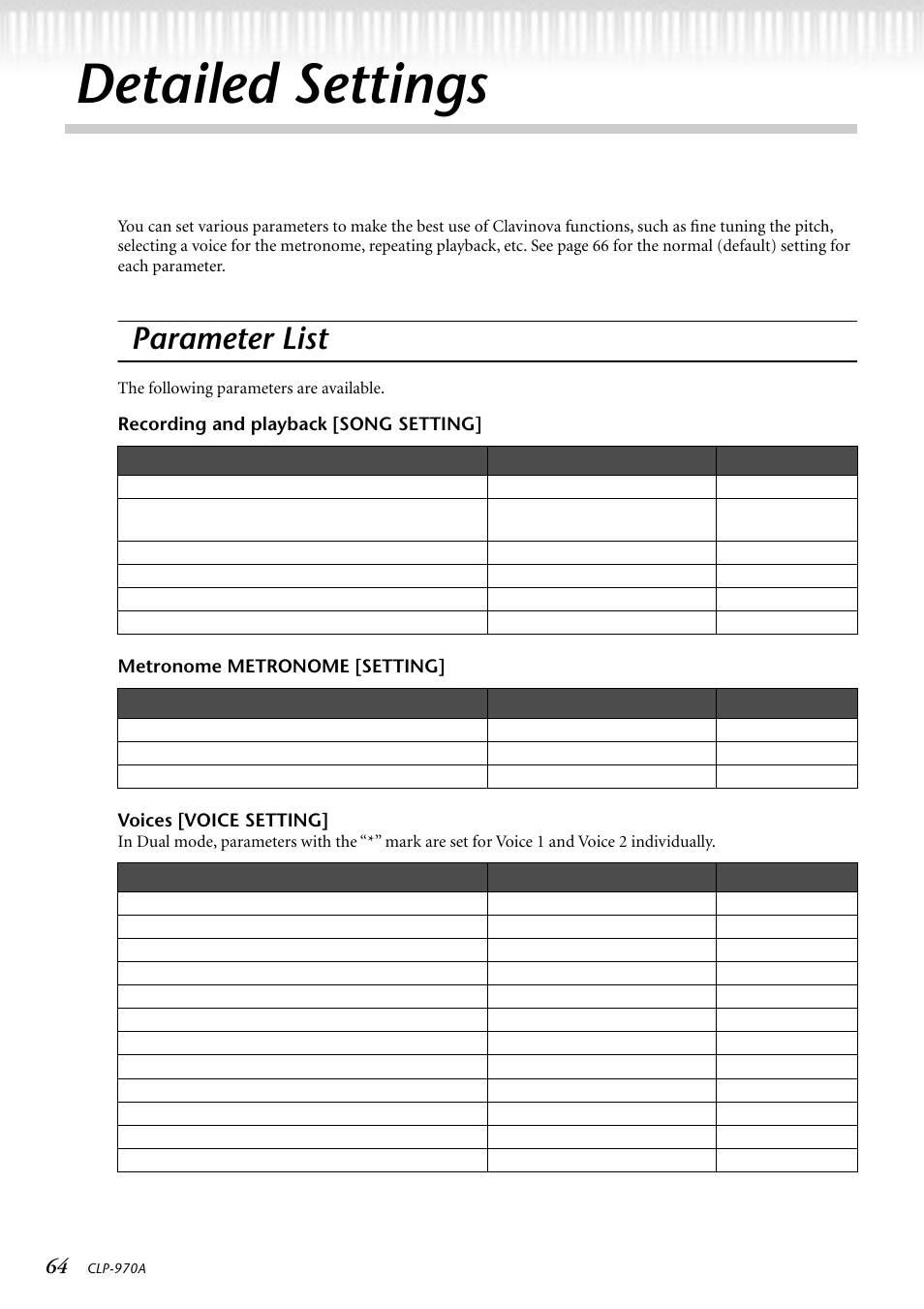 Parameter list, Recording and playback [song setting, Detailed settings | Yamaha CLP-970AM User Manual | Page 64 / 104
