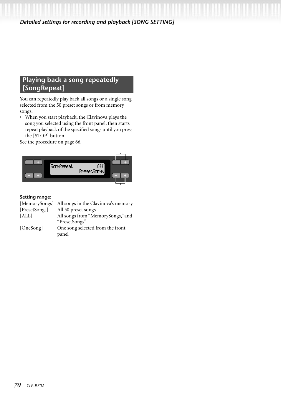 Playing back a song repeatedly [songrepeat | Yamaha CLP-970AM User Manual | Page 70 / 104