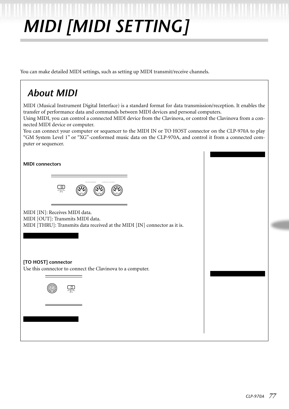 Midi [midi settinc, About midi, Midi connectors | To host] connector, Midi [midi setting | Yamaha CLP-970AM User Manual | Page 77 / 104