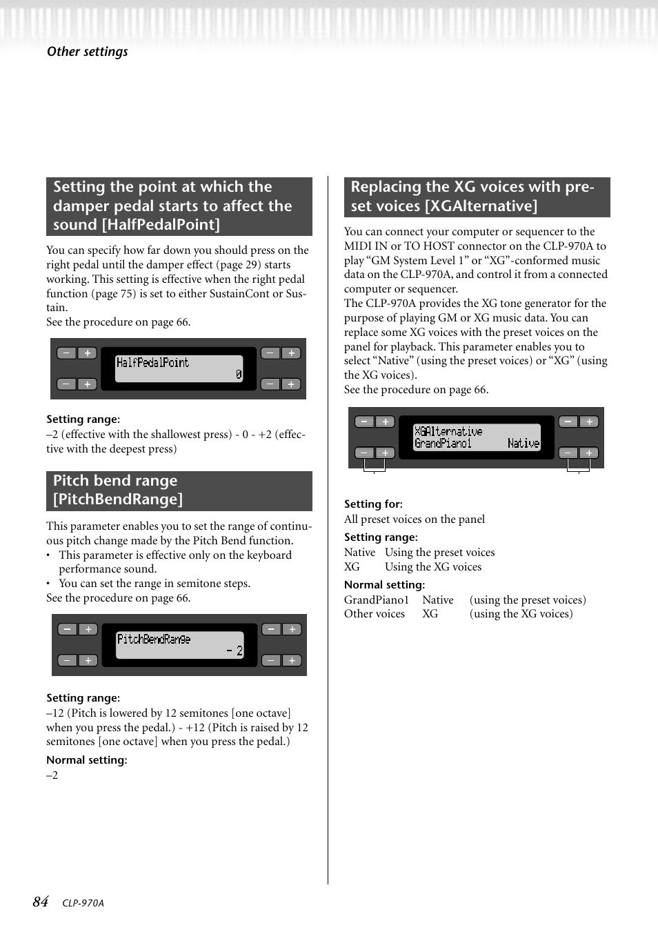 Setting range, Pitch bend range [pitchbendrange | Yamaha CLP-970AM User Manual | Page 84 / 104