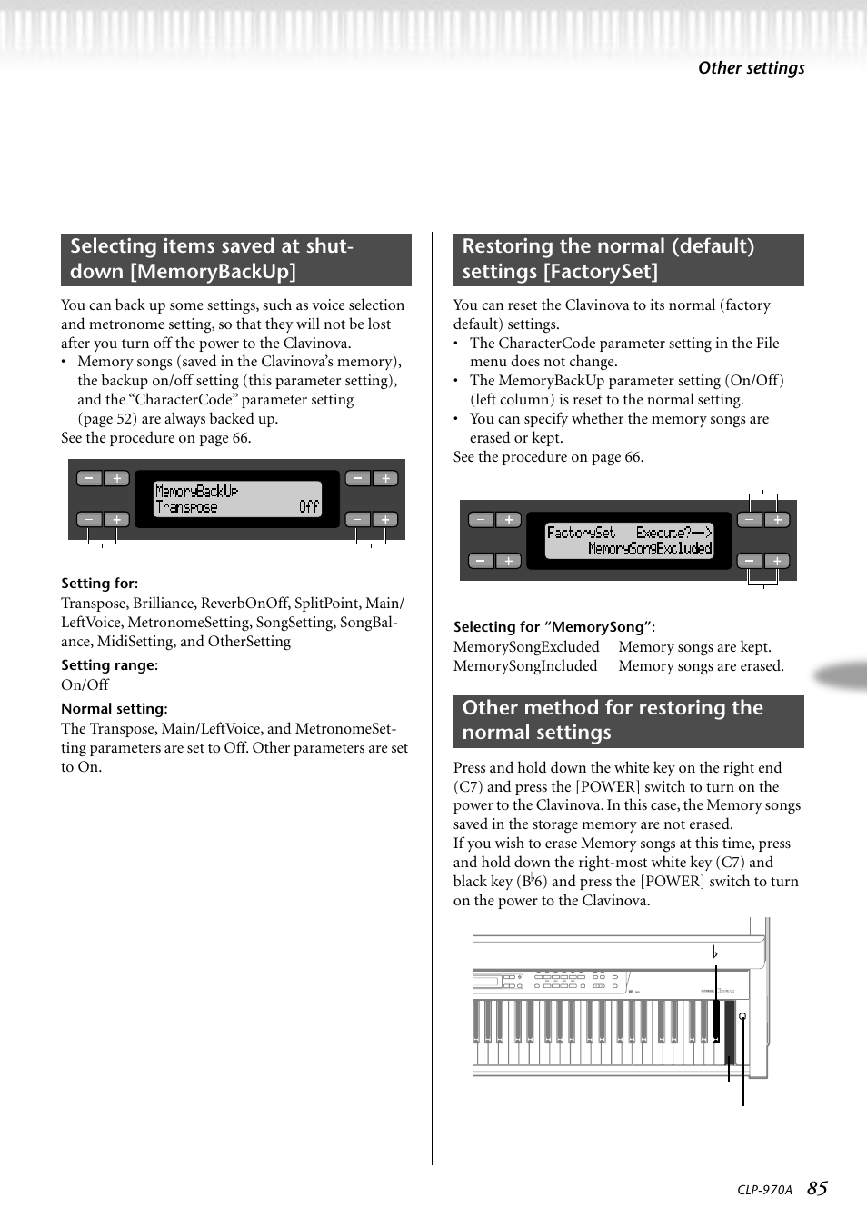 Selecting items saved at shutdown [memorybackup, Setting for, Selecting for "memorysong | Other method for restoring the normal settings, 8^6 c7 | Yamaha CLP-970AM User Manual | Page 85 / 104