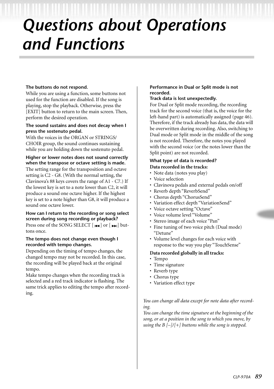 Questions about operations and functions, The buttons do not respond, Performance in dual or split mode is not recorded | Yamaha CLP-970AM User Manual | Page 89 / 104