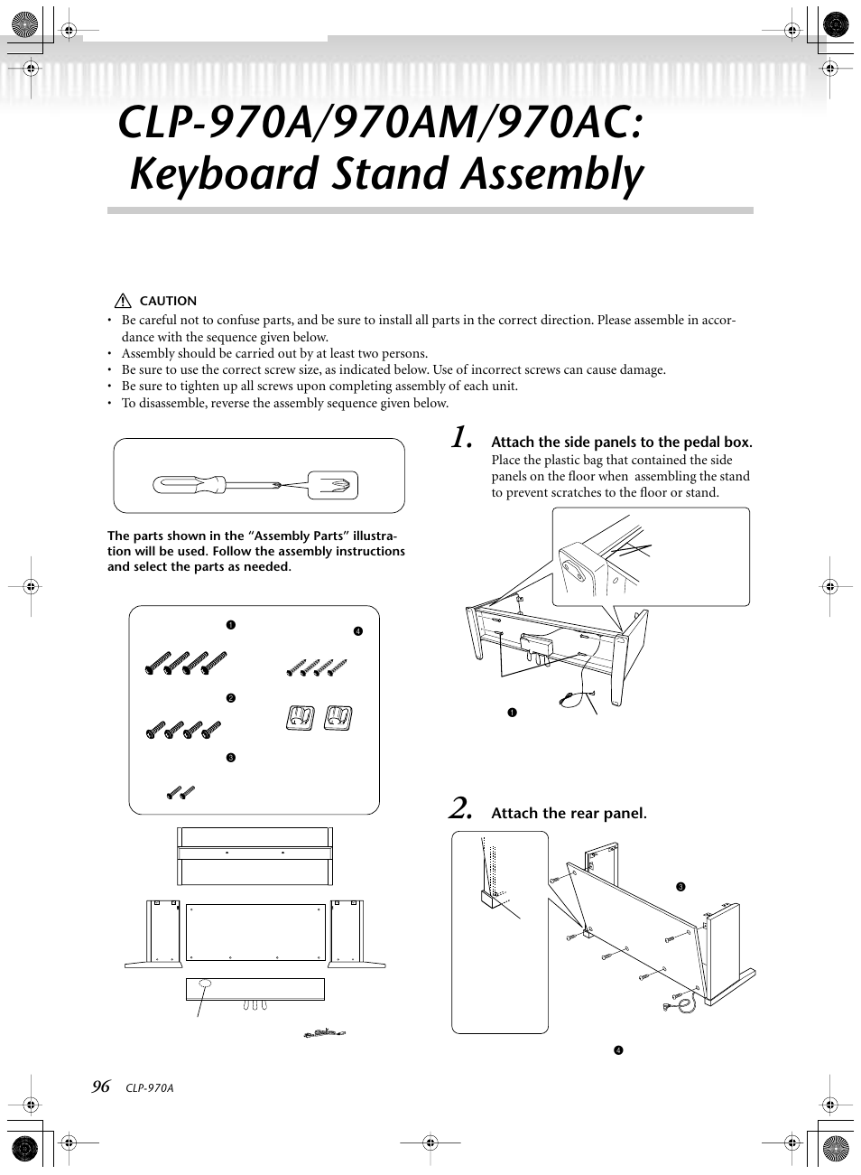 Clp-970a/970am/970ac: keyboard stand assembly, A caution, Attach the side panels to the pedal box | Attach the rear panel, The parts shown in the “assembly parts" illustra, And select the parts as needed, Assembly parts | Yamaha CLP-970AM User Manual | Page 96 / 104