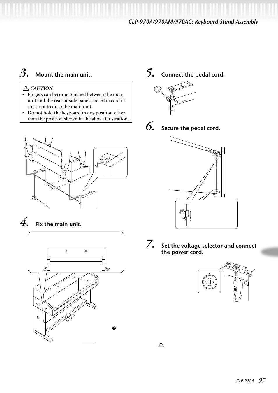 Mount the main unit, 3* connect the pedal cord, Secure the pedal cord | Fix the main unit | Yamaha CLP-970AM User Manual | Page 97 / 104