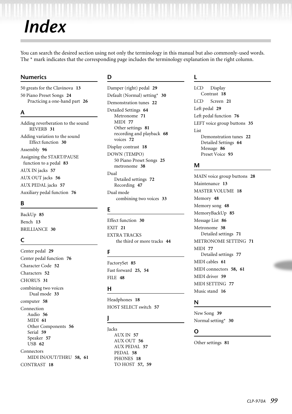 Index, Numerics | Yamaha CLP-970AM User Manual | Page 99 / 104