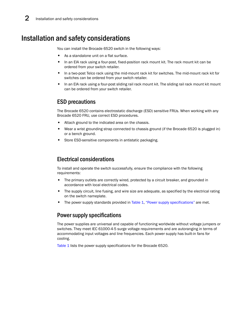 Installation and safety considerations, Esd precautions, Electrical considerations | Power supply specifications | Brocade 6520 Hardware Reference Manual User Manual | Page 18 / 70