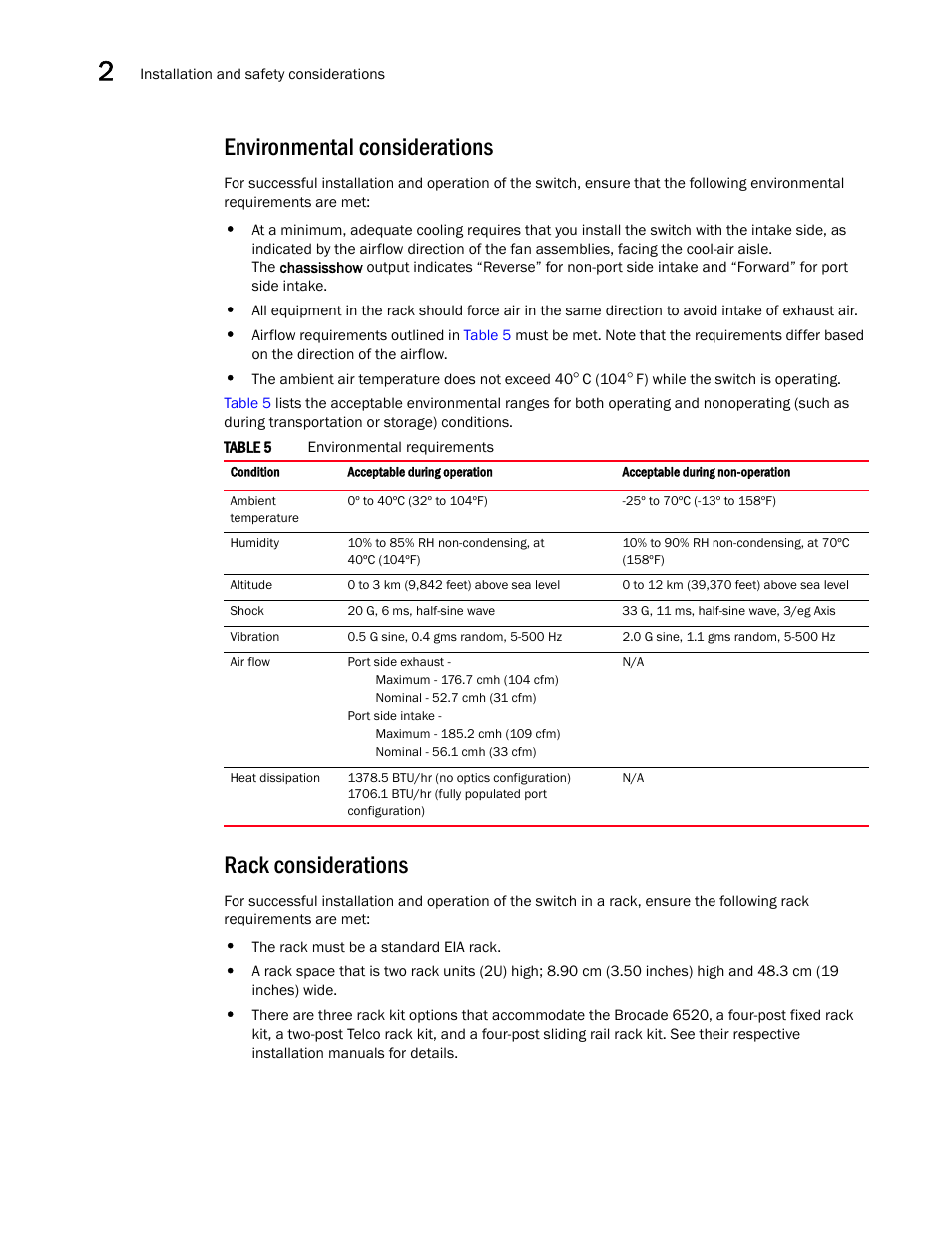 Environmental considerations, Rack considerations, Environmental considerations rack considerations | Brocade 6520 Hardware Reference Manual User Manual | Page 20 / 70