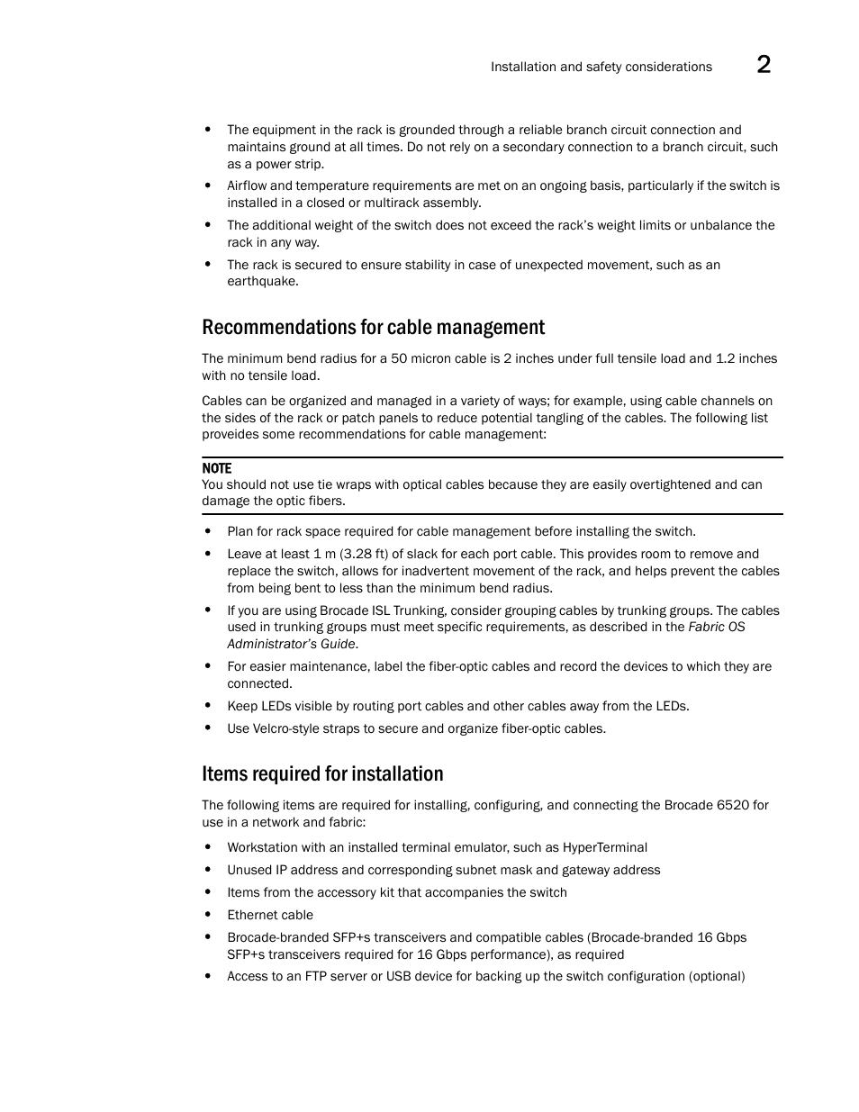 Recommendations for cable management, Items required for installation | Brocade 6520 Hardware Reference Manual User Manual | Page 21 / 70