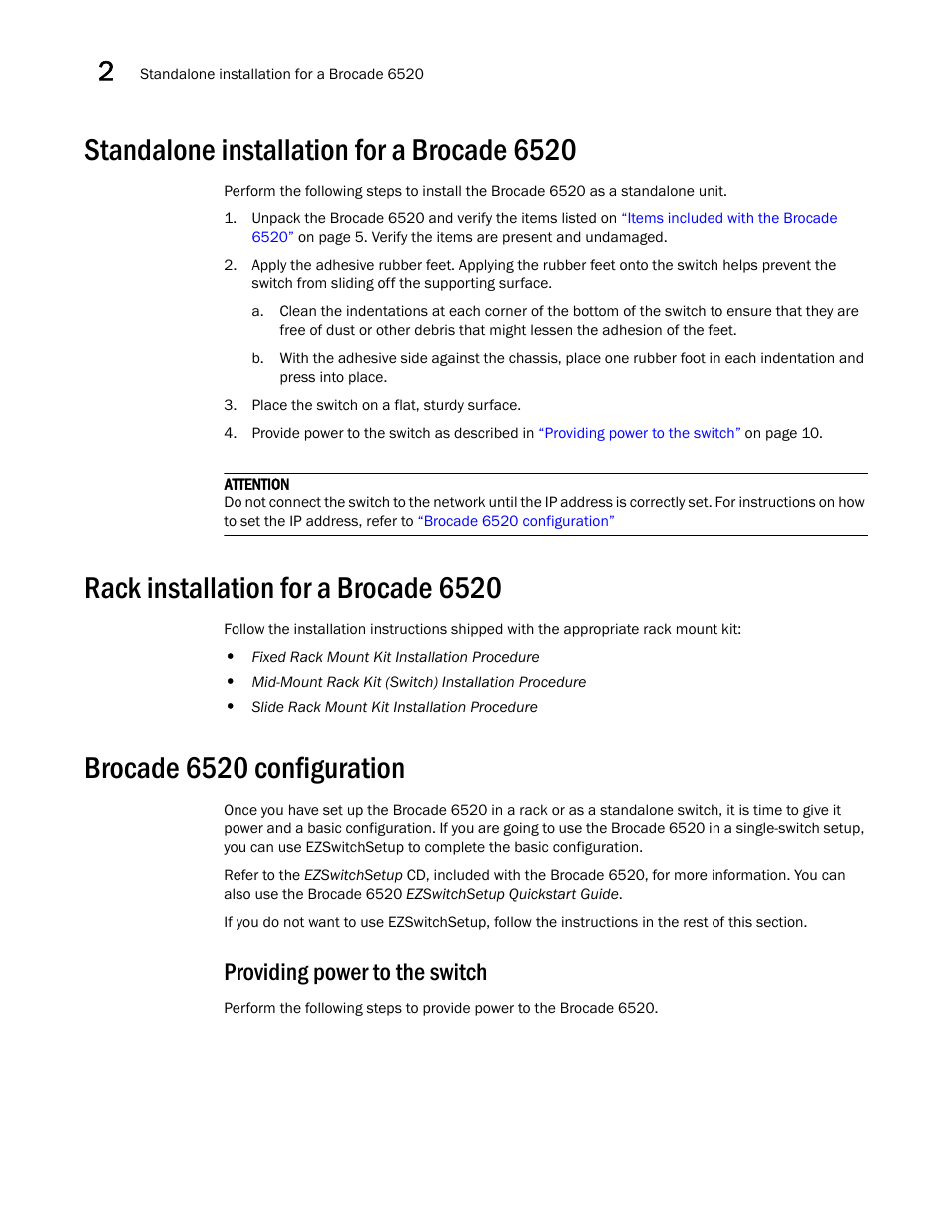 Standalone installation for a brocade 6520, Rack installation for a brocade 6520, Brocade 6520 configuration | Providing power to the switch | Brocade 6520 Hardware Reference Manual User Manual | Page 22 / 70