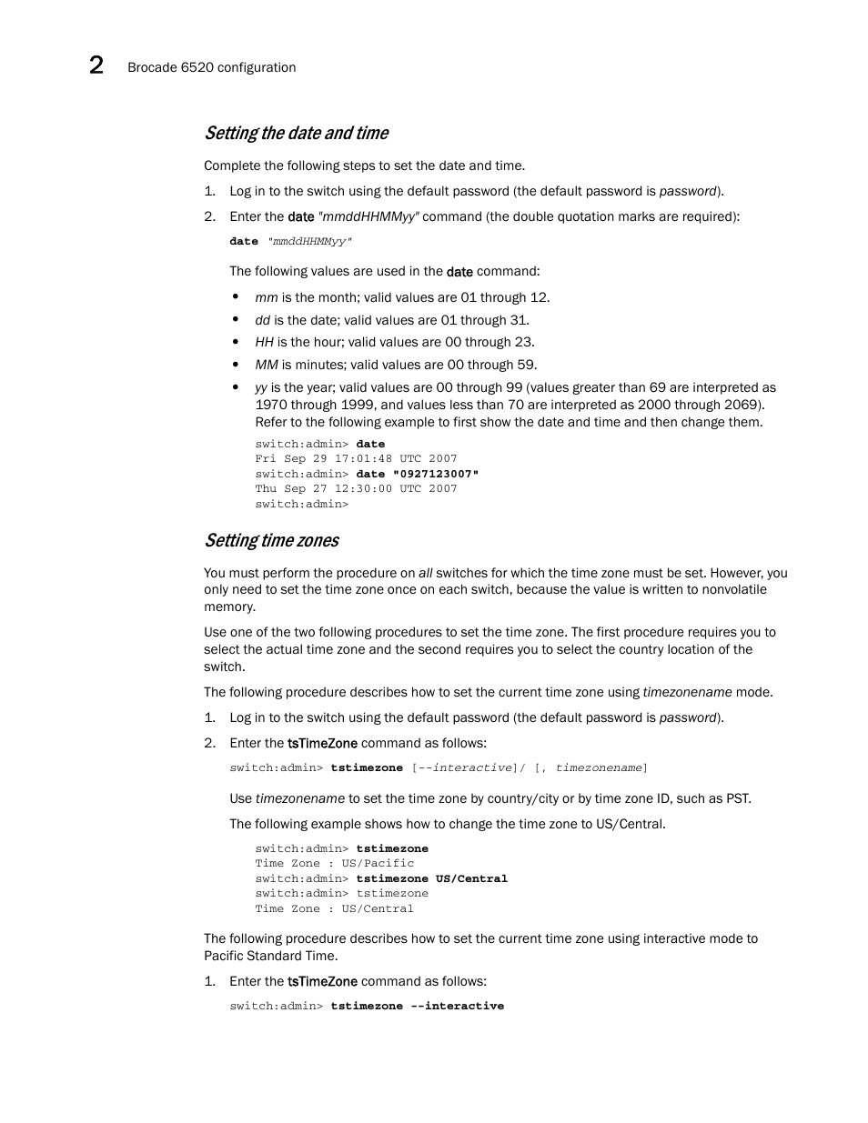 Setting the date and time, Setting time zones | Brocade 6520 Hardware Reference Manual User Manual | Page 26 / 70