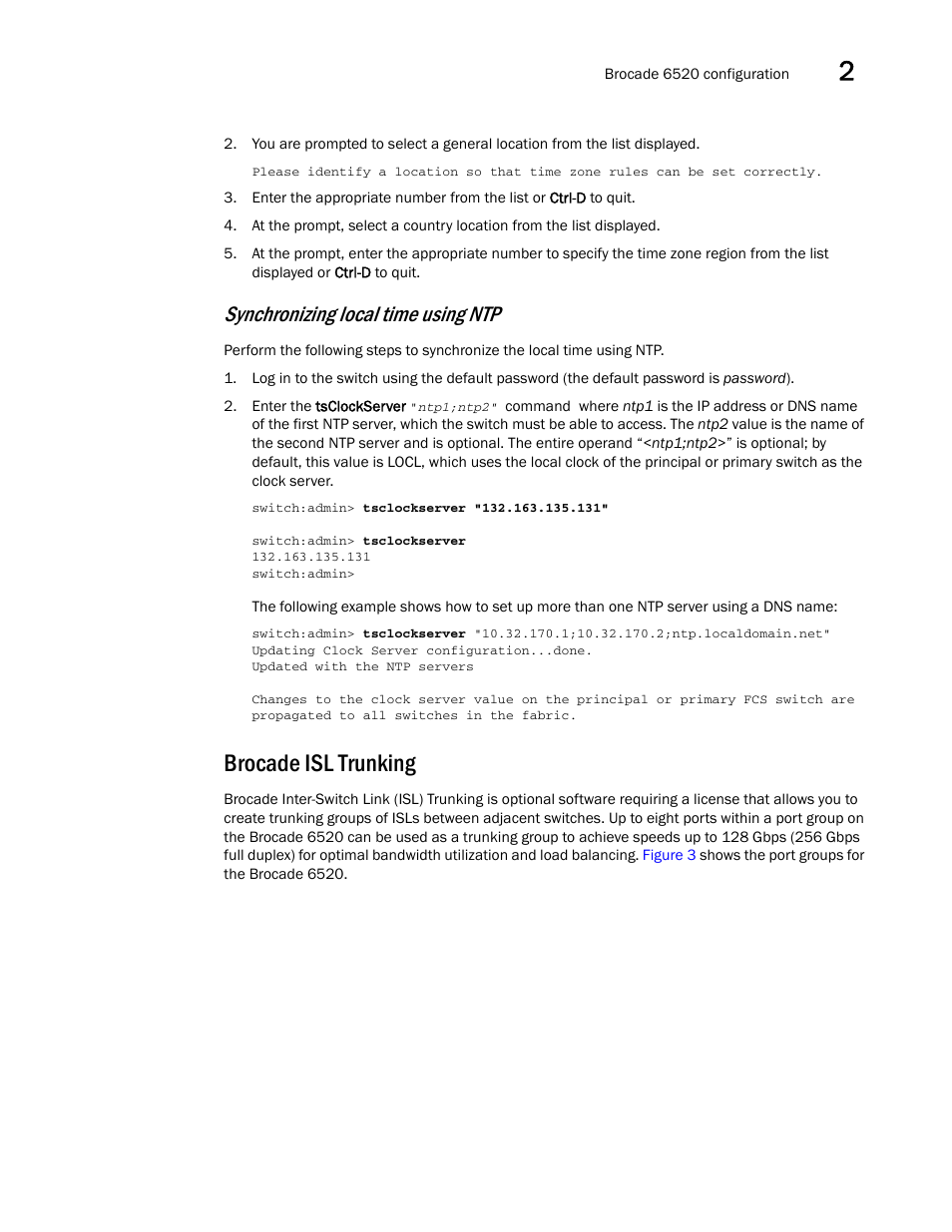 Brocade isl trunking, Synchronizing local time using ntp | Brocade 6520 Hardware Reference Manual User Manual | Page 27 / 70