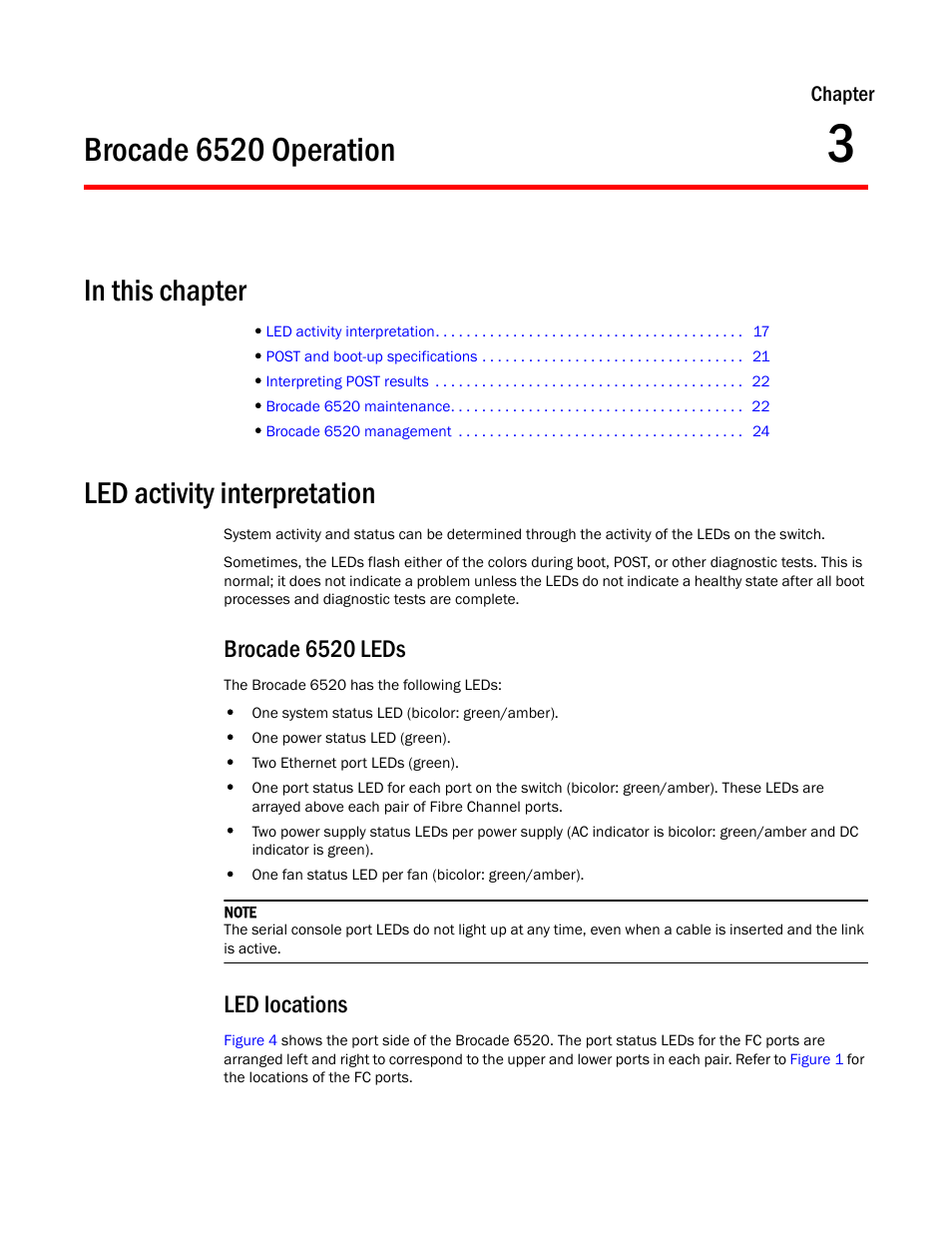 Brocade 6520 operation, In this chapter, Led activity interpretation | Brocade 6520 leds, Led locations, Chapter 3, Chapter 3, “brocade 6520 operation, Discusses | Brocade 6520 Hardware Reference Manual User Manual | Page 29 / 70