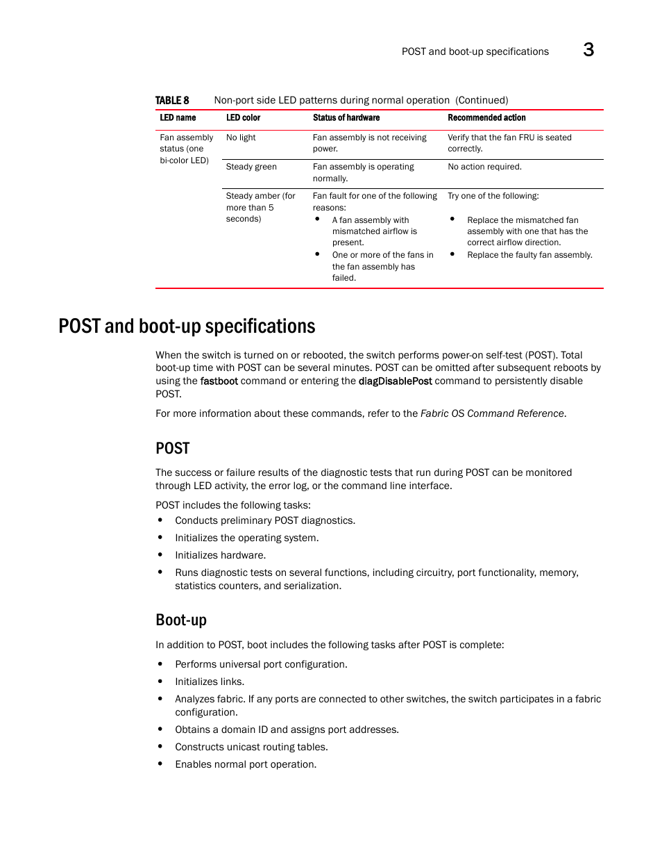 Post and boot-up specifications, Post, Boot-up | Brocade 6520 Hardware Reference Manual User Manual | Page 33 / 70