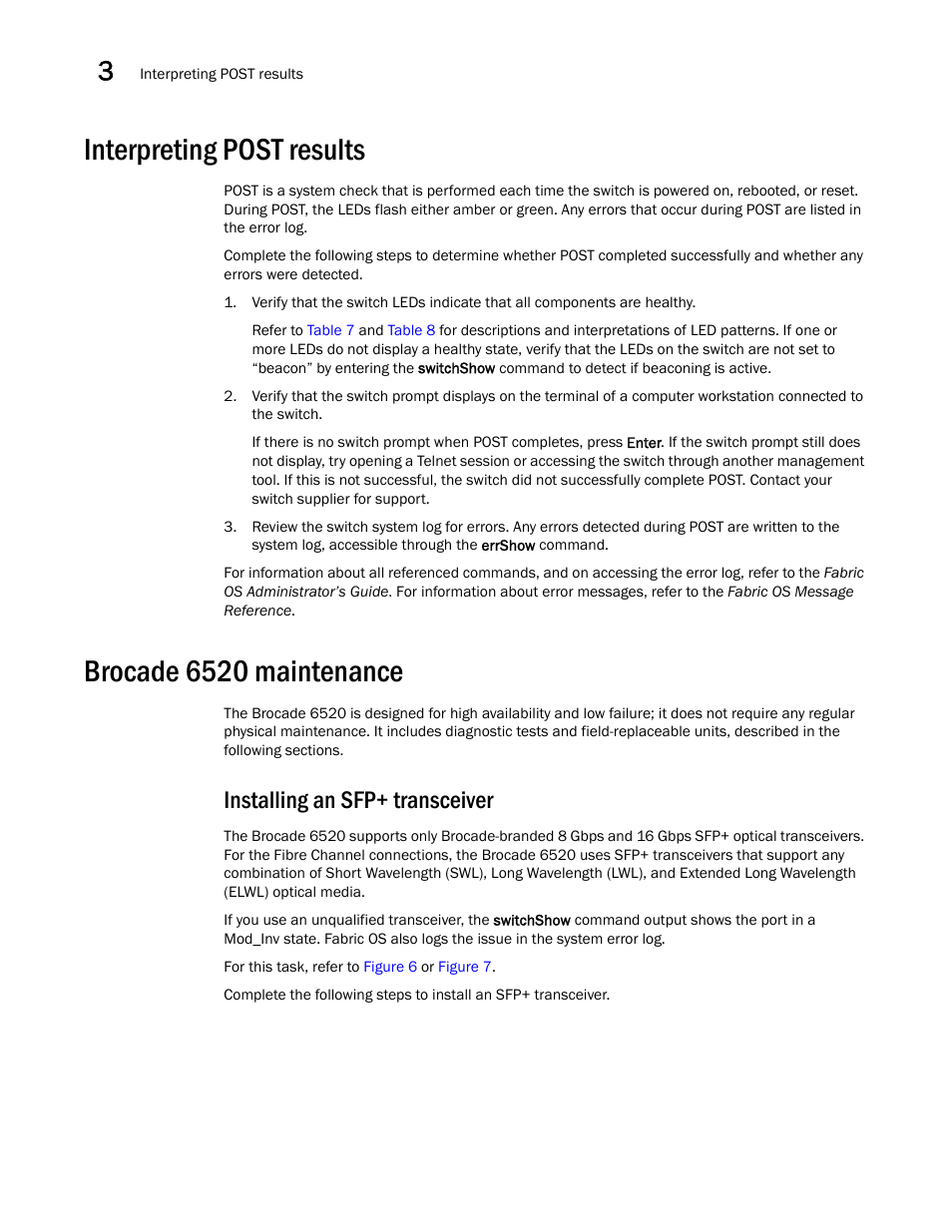 Interpreting post results, Brocade 6520 maintenance, Installing an sfp+ transceiver | Brocade 6520 Hardware Reference Manual User Manual | Page 34 / 70