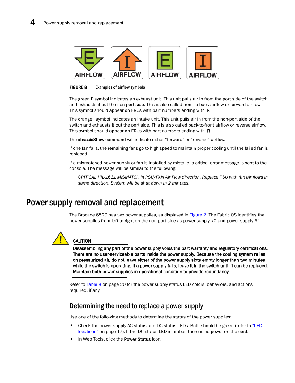 Power supply removal and replacement, Determining the need to replace a power supply, Figure 8 | Both the | Brocade 6520 Hardware Reference Manual User Manual | Page 40 / 70