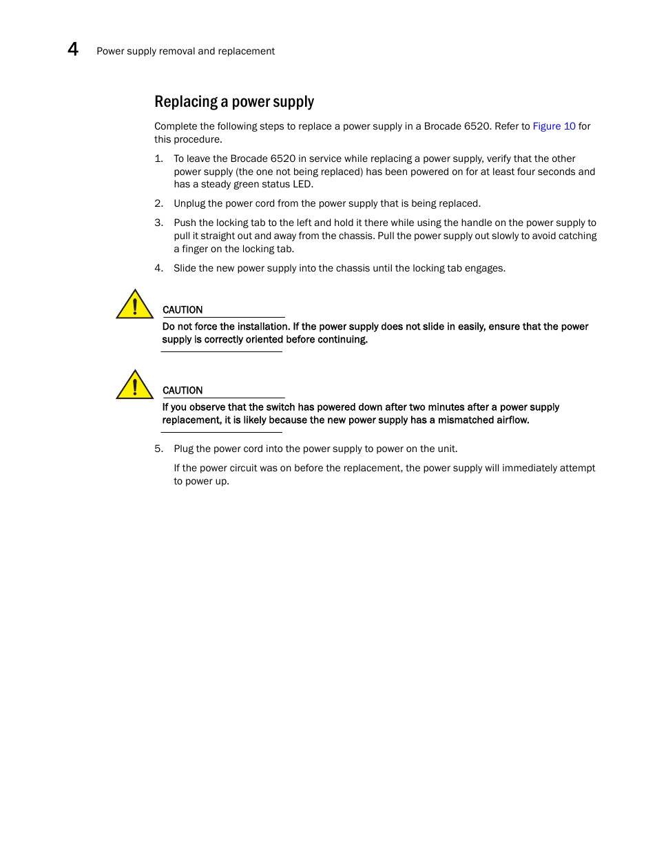 Replacing a power supply | Brocade 6520 Hardware Reference Manual User Manual | Page 42 / 70