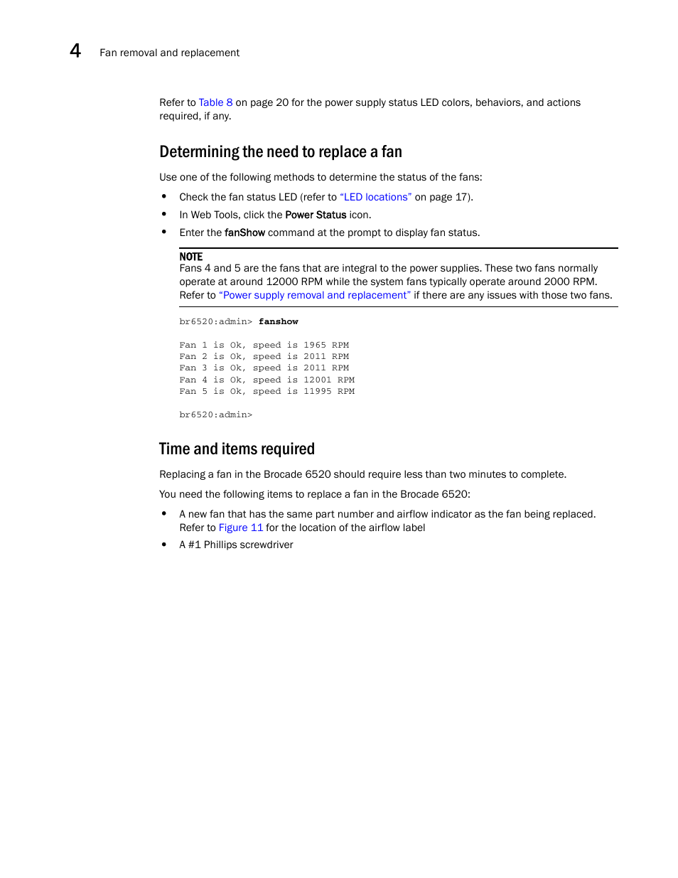 Determining the need to replace a fan, Time and items required | Brocade 6520 Hardware Reference Manual User Manual | Page 44 / 70