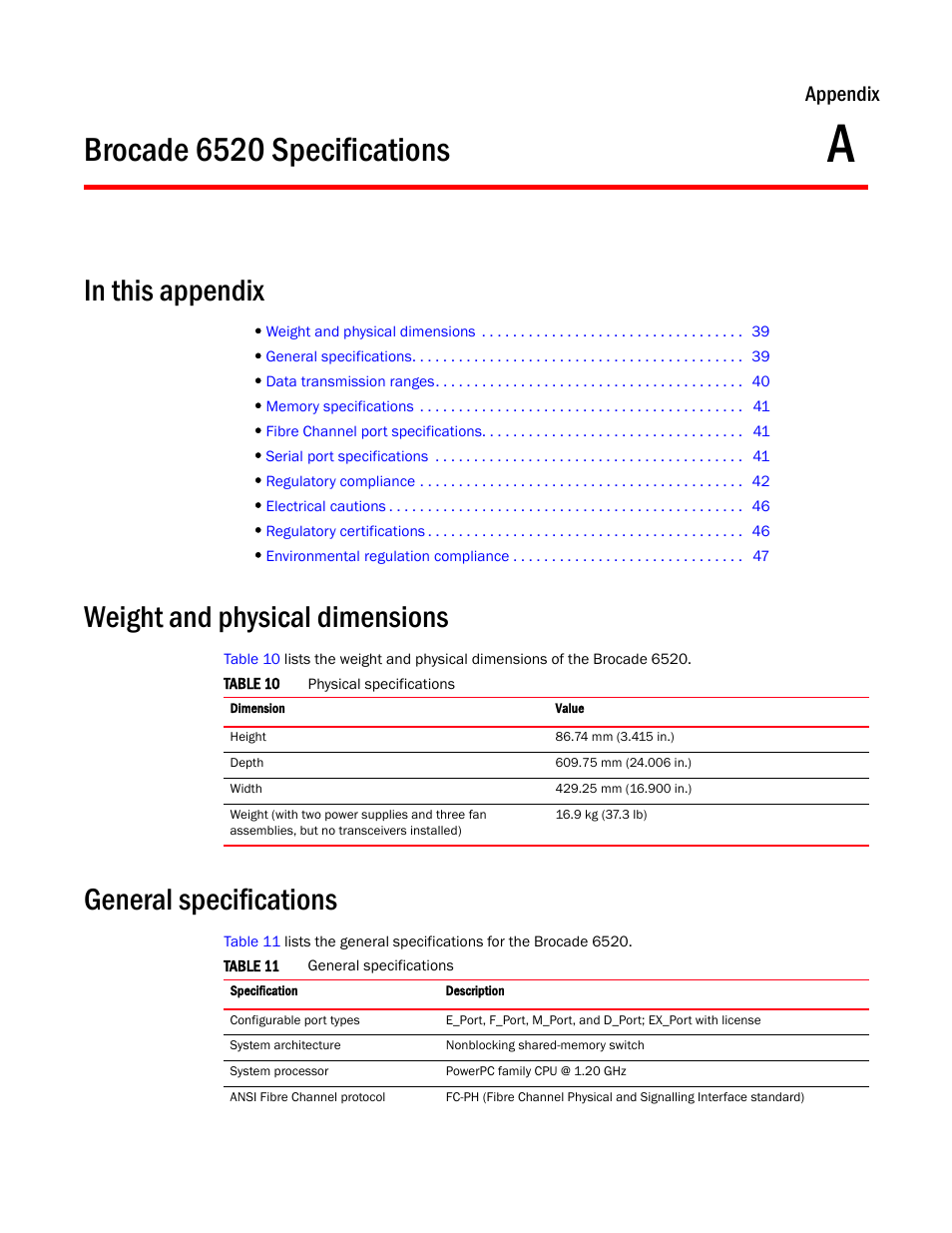 Brocade 6520 specifications, In this appendix, Weight and physical dimensions | General specifications, Appendix a, Appendix a, “brocade 6520 specifications, Appendix | Brocade 6520 Hardware Reference Manual User Manual | Page 51 / 70