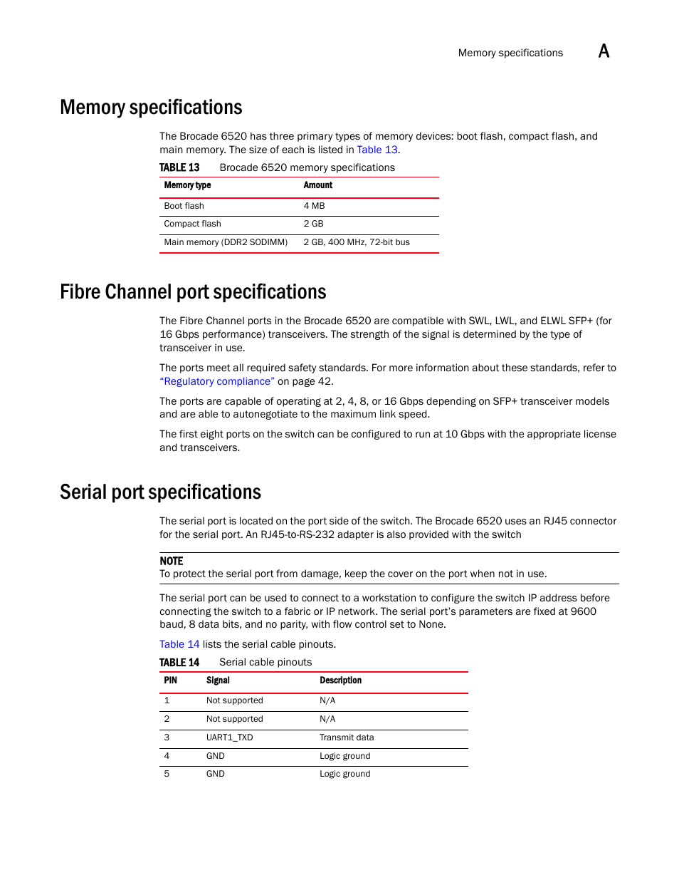 Memory specifications, Fibre channel port specifications, Serial port specifications | Brocade 6520 Hardware Reference Manual User Manual | Page 53 / 70