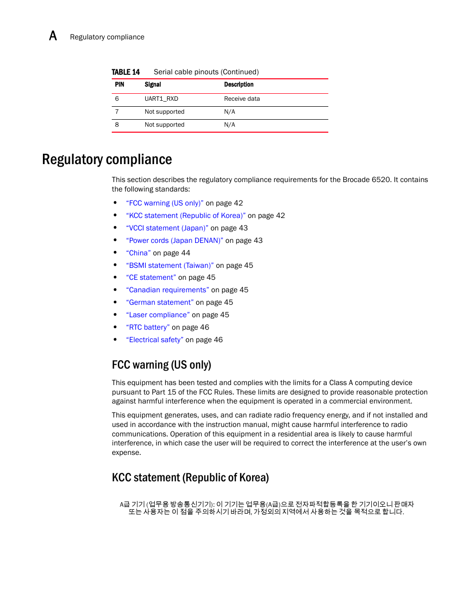 Regulatory compliance, Fcc warning (us only), Kcc statement (republic of korea) | Brocade 6520 Hardware Reference Manual User Manual | Page 54 / 70