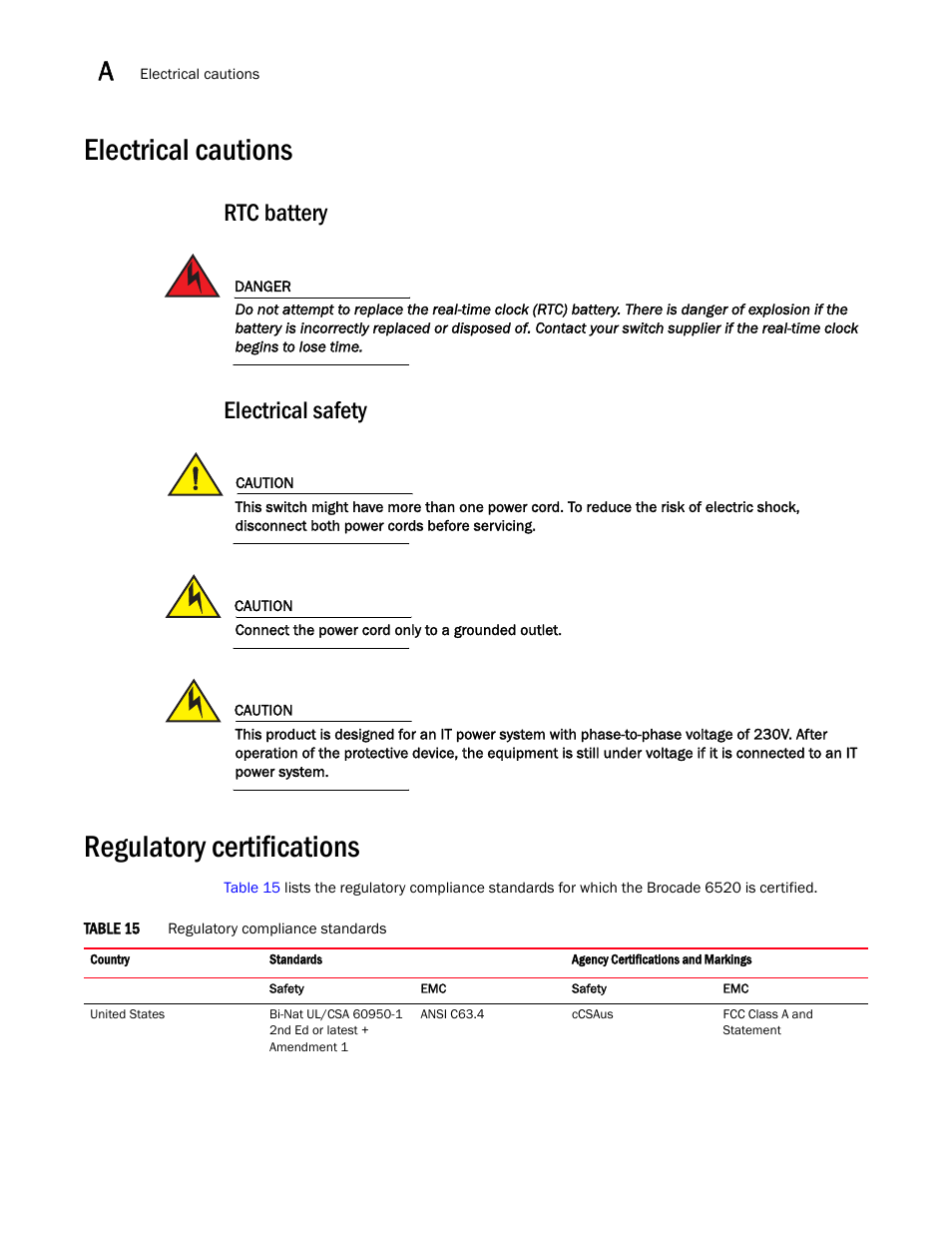 Electrical cautions, Rtc battery, Electrical safety | Regulatory certifications | Brocade 6520 Hardware Reference Manual User Manual | Page 58 / 70