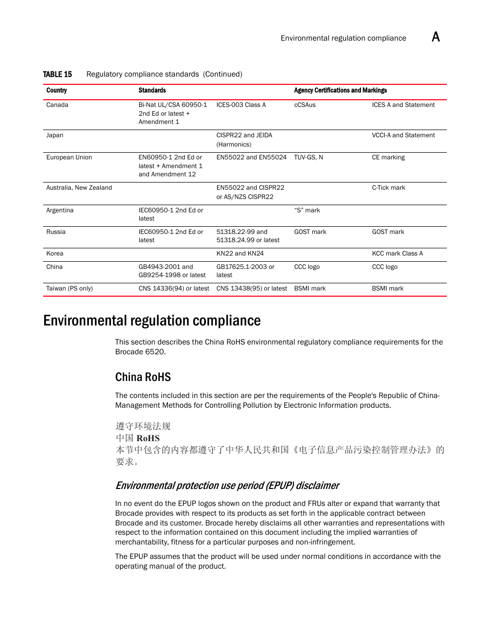 Environmental regulation compliance, China rohs | Brocade 6520 Hardware Reference Manual User Manual | Page 59 / 70