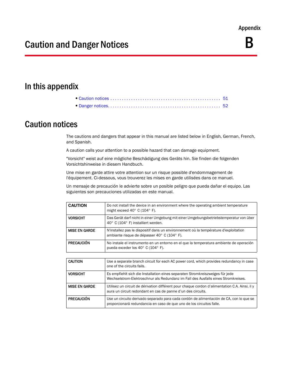 Caution and danger notices, Caution notices, Appendix b | Appendix b, “caution and danger notices, Appendix | Brocade 6520 Hardware Reference Manual User Manual | Page 63 / 70