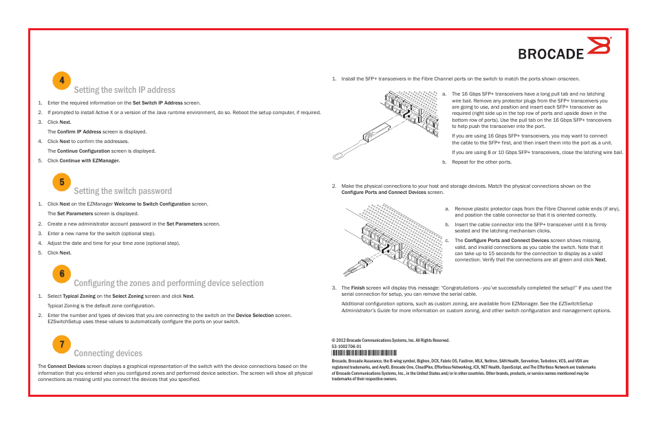 Setting the switch ip address 4, Setting the switch password 5, Connecting devices 7 | Brocade 6520 QuickStart Guide User Manual | Page 2 / 2