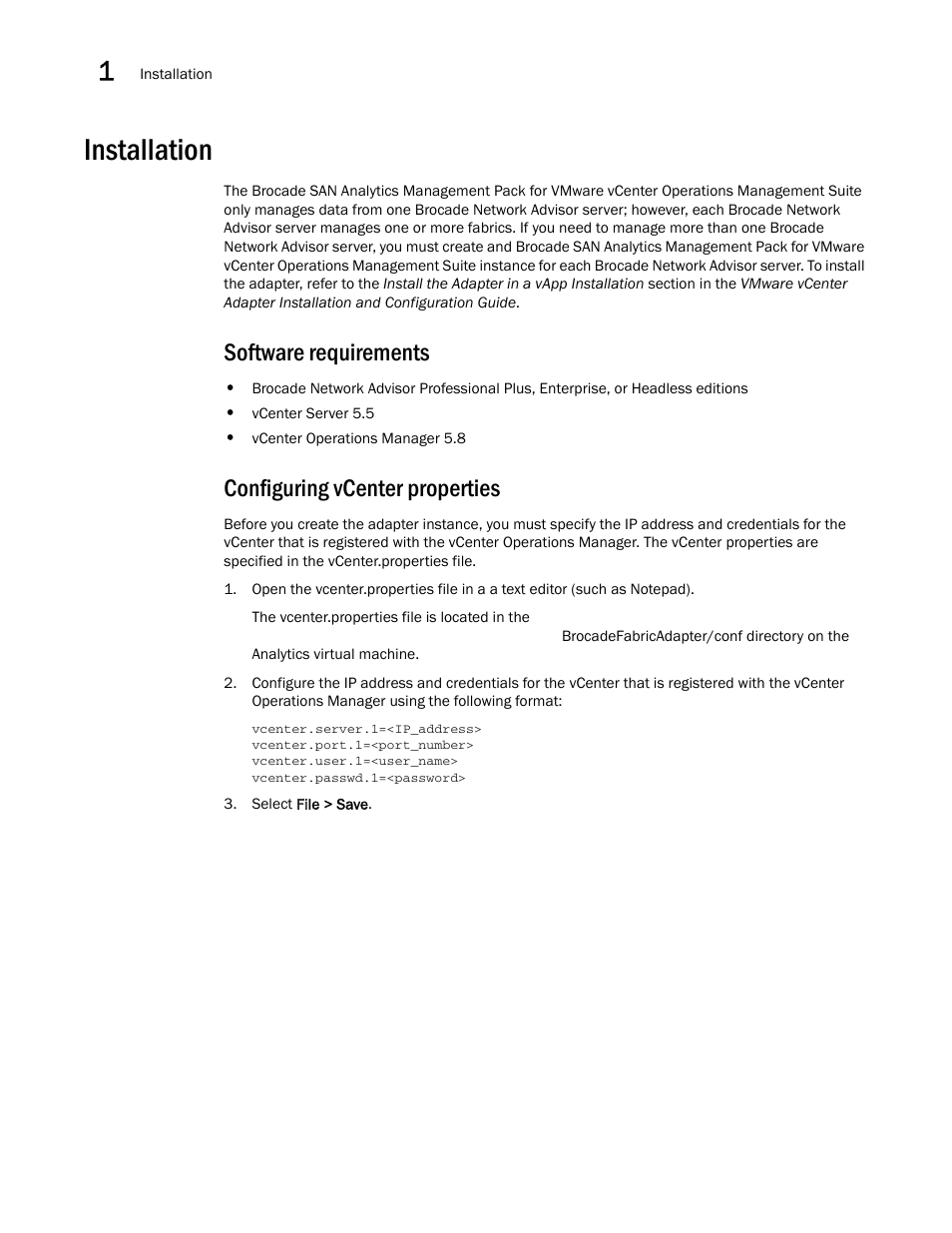 Installation, Software requirements, Configuring vcenter properties | Brocade SAN Analytics Management Pack for VMware vCenter Operations Management Suite User’s Guide V1.0 User Manual | Page 10 / 30