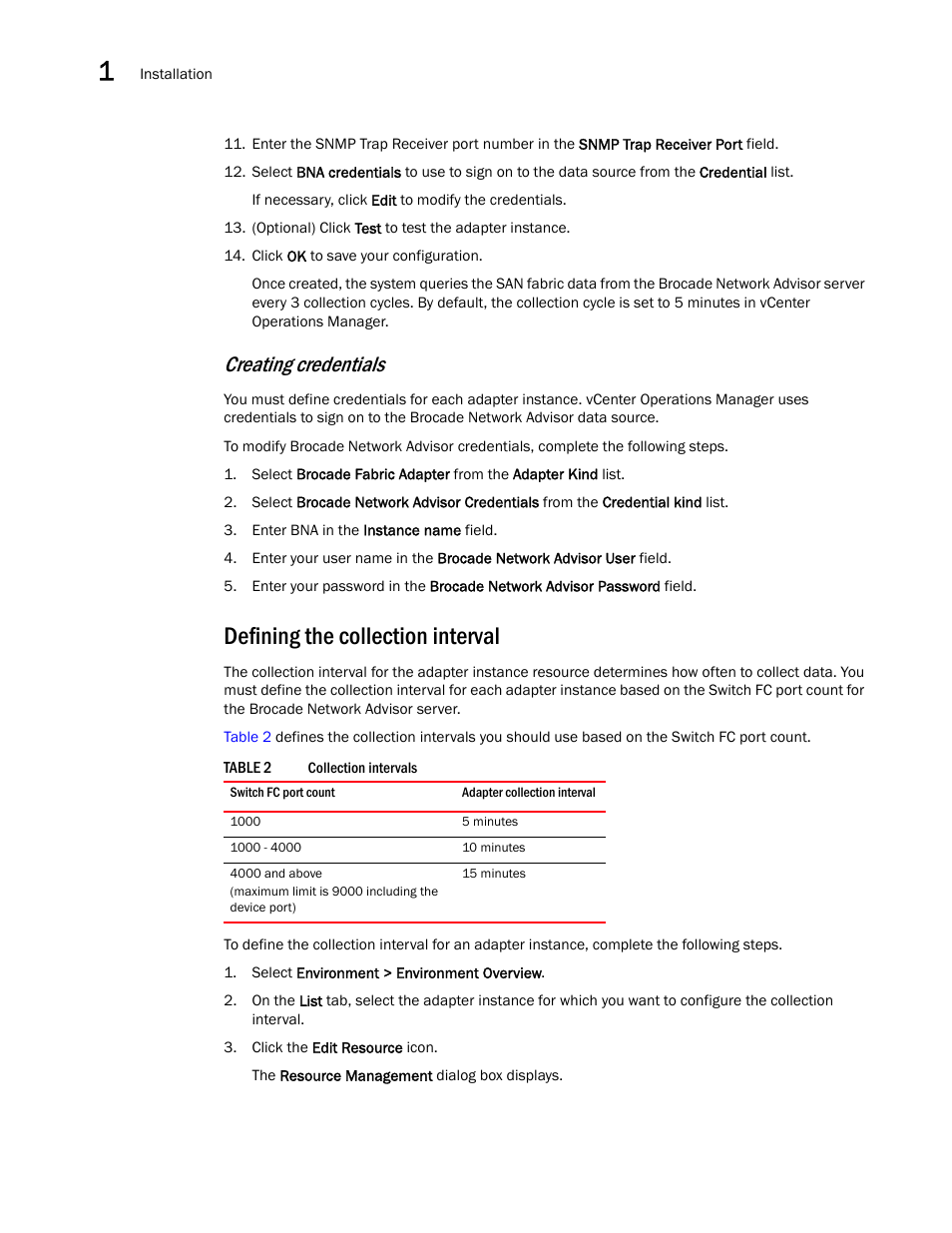 Defining the collection interval, Creating credentials | Brocade SAN Analytics Management Pack for VMware vCenter Operations Management Suite User’s Guide V1.0 User Manual | Page 12 / 30