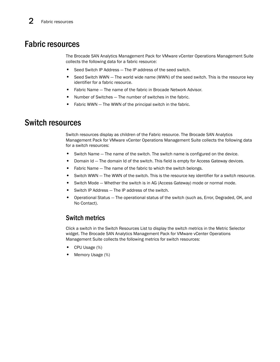 Fabric resources, Switch resources, Switch metrics | Brocade SAN Analytics Management Pack for VMware vCenter Operations Management Suite User’s Guide V1.0 User Manual | Page 16 / 30