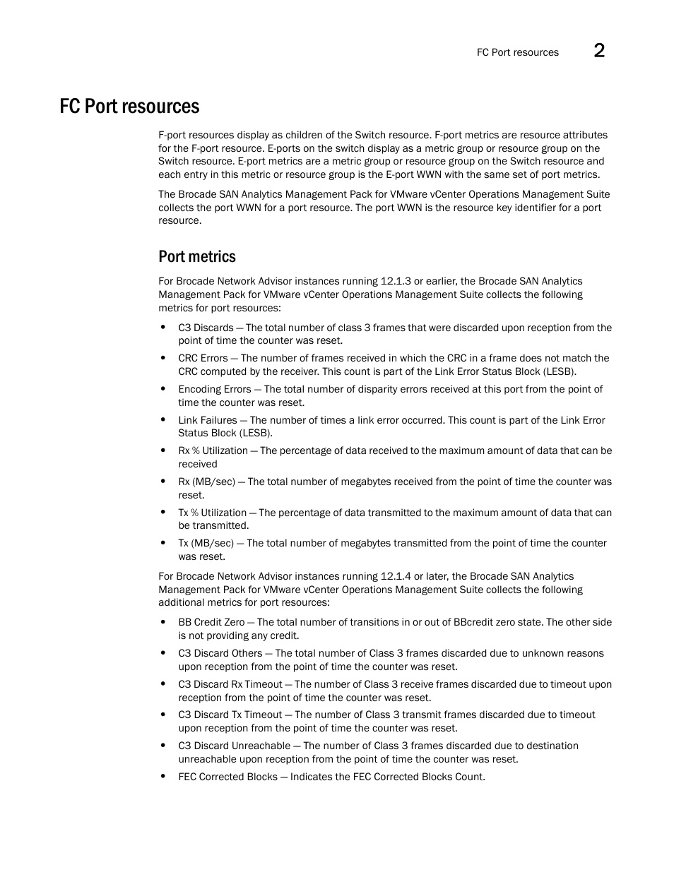 Fc port resources, Port metrics | Brocade SAN Analytics Management Pack for VMware vCenter Operations Management Suite User’s Guide V1.0 User Manual | Page 17 / 30