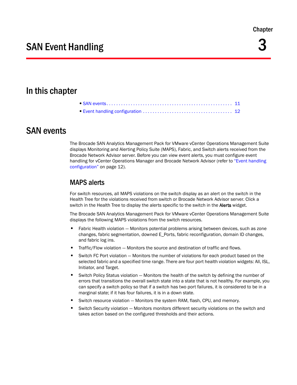 San event handling, In this chapter, San events | Maps alerts, Chapter 3, Chapter 3, “san event handling | Brocade SAN Analytics Management Pack for VMware vCenter Operations Management Suite User’s Guide V1.0 User Manual | Page 19 / 30