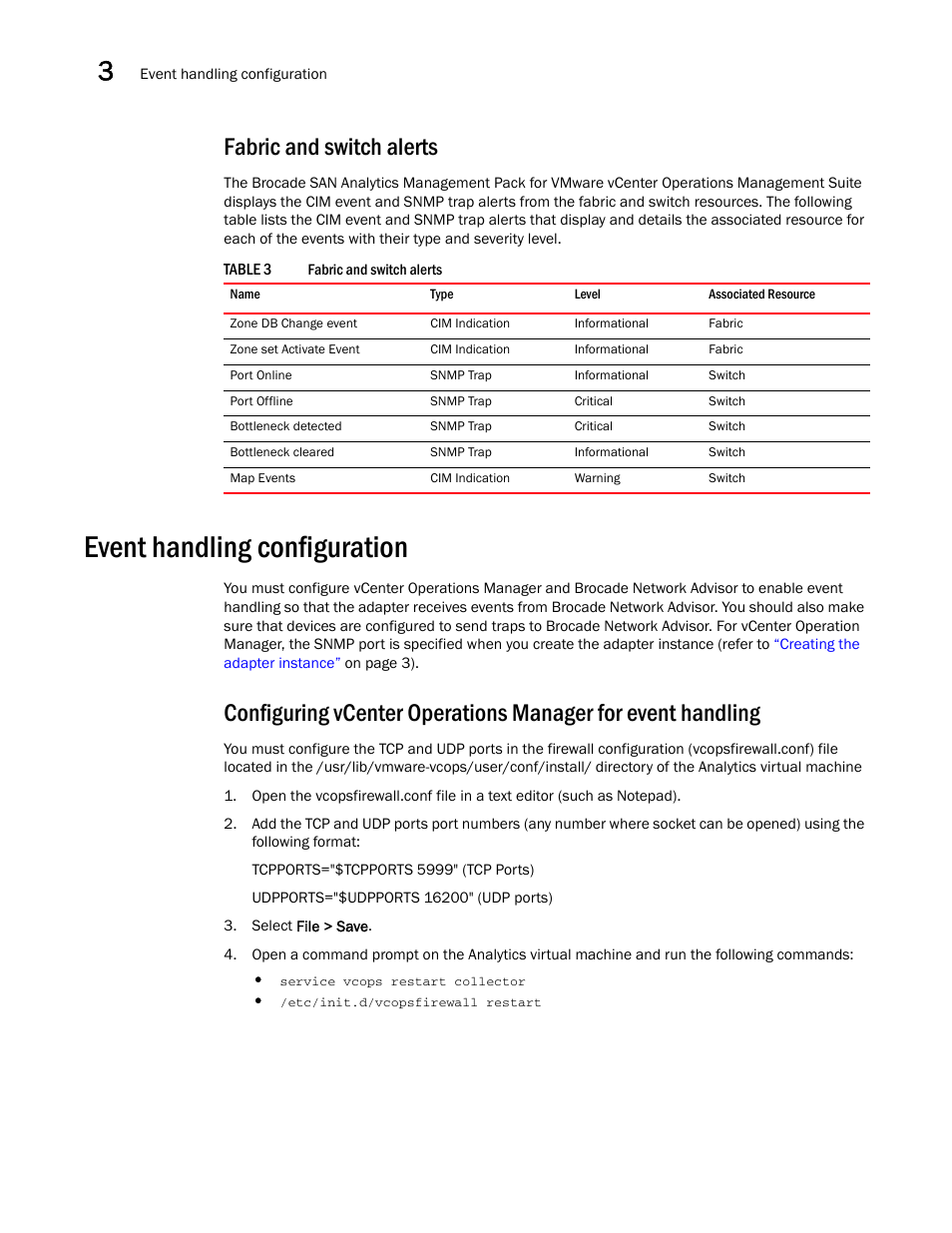 Fabric and switch alerts, Event handling configuration, Event handling | Configuration | Brocade SAN Analytics Management Pack for VMware vCenter Operations Management Suite User’s Guide V1.0 User Manual | Page 20 / 30