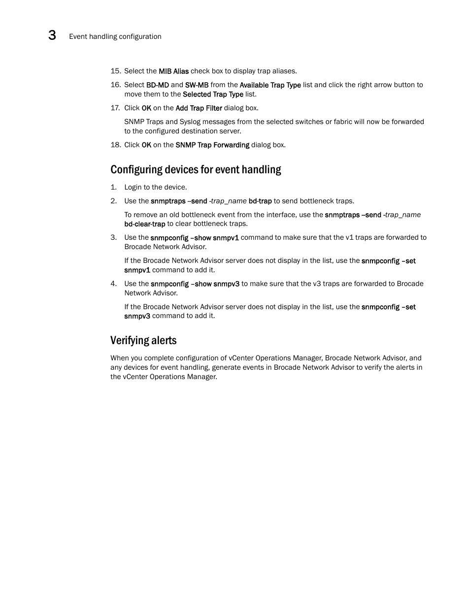 Configuring devices for event handling, Verifying alerts | Brocade SAN Analytics Management Pack for VMware vCenter Operations Management Suite User’s Guide V1.0 User Manual | Page 22 / 30