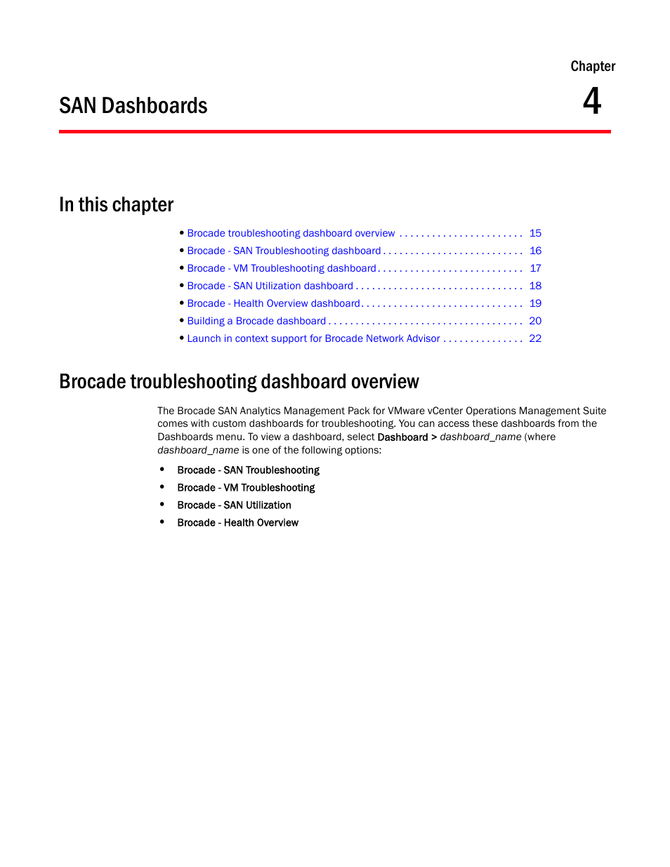 San dashboards, In this chapter, Brocade troubleshooting dashboard overview | Chapter 4, Chapter 4, “san dashboards | Brocade SAN Analytics Management Pack for VMware vCenter Operations Management Suite User’s Guide V1.0 User Manual | Page 23 / 30