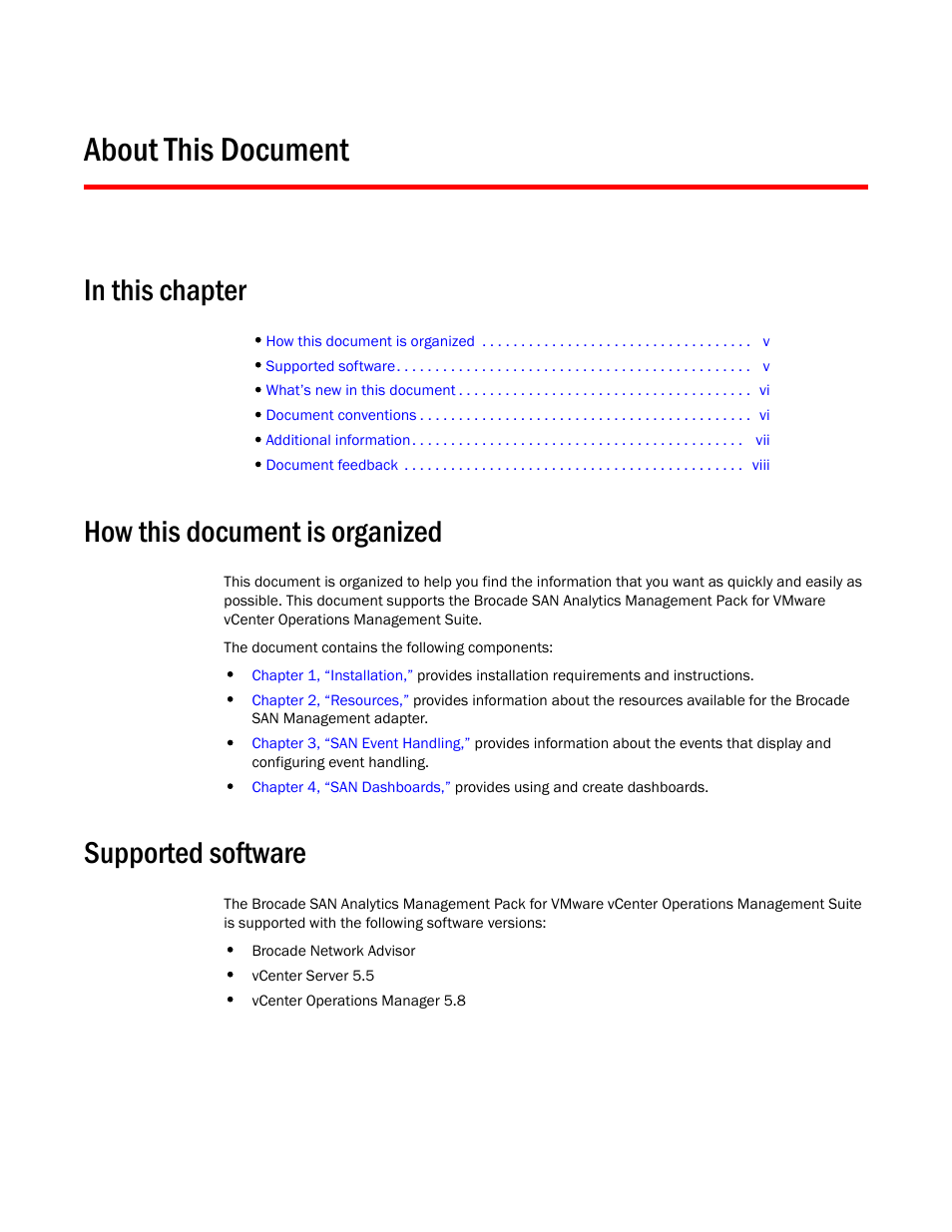 About this document, How this document is organized, Supported software | Brocade SAN Analytics Management Pack for VMware vCenter Operations Management Suite User’s Guide V1.0 User Manual | Page 5 / 30