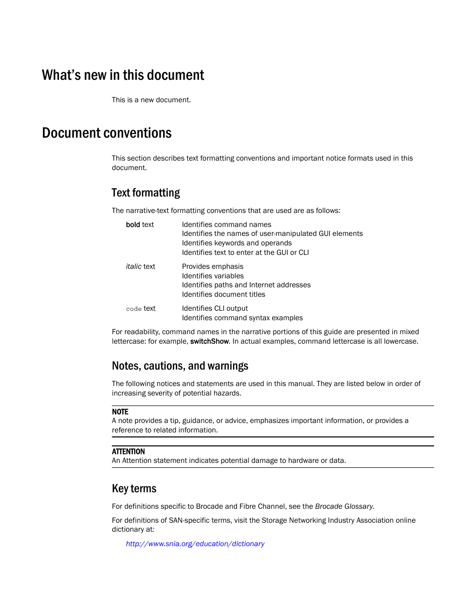 What’s new in this document, Document conventions, Text formatting | Key terms | Brocade SAN Analytics Management Pack for VMware vCenter Operations Management Suite User’s Guide V1.0 User Manual | Page 6 / 30