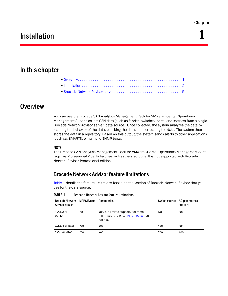 Installation, In this chapter, Overview | Brocade network advisor feature limitations, Chapter 1, Chapter 1, “installation, Chapter | Brocade SAN Analytics Management Pack for VMware vCenter Operations Management Suite User’s Guide V1.0 User Manual | Page 9 / 30