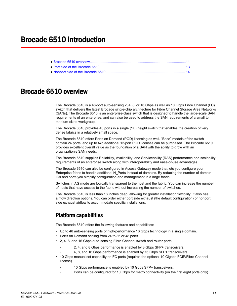 Brocade 6510 introduction, Brocade 6510 overview, Platform capabilities | Brocade 6510 Hardware Reference Manual User Manual | Page 11 / 62