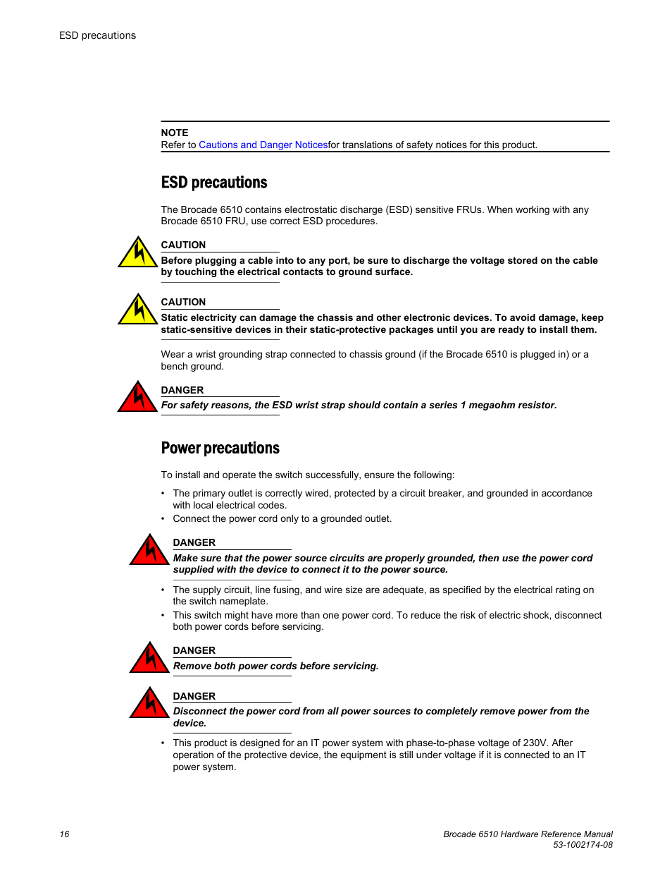 Esd precautions, Power precautions, Esd precautions power precautions | Brocade 6510 Hardware Reference Manual User Manual | Page 16 / 62