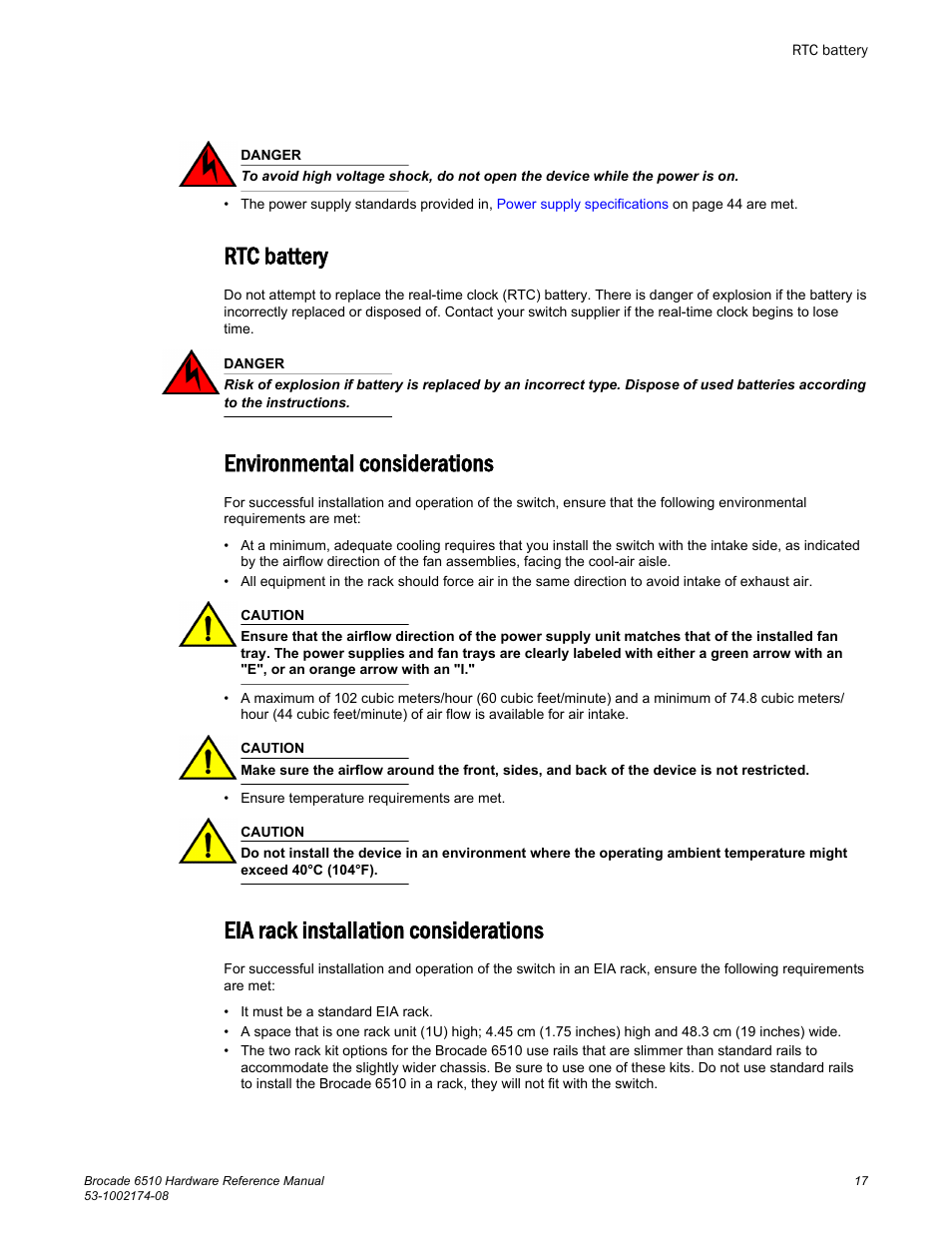 Rtc battery, Environmental considerations, Eia rack installation considerations | Brocade 6510 Hardware Reference Manual User Manual | Page 17 / 62