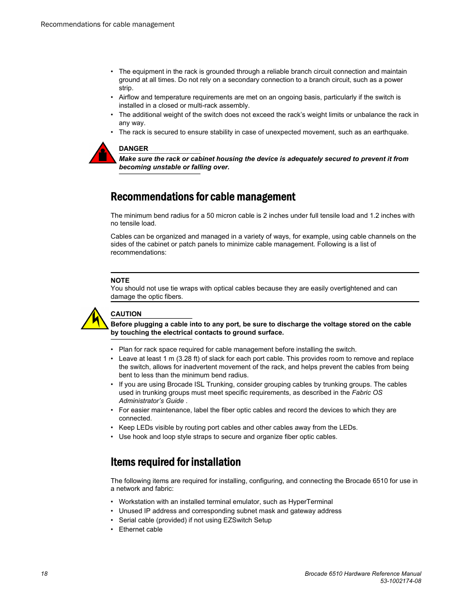 Recommendations for cable management, Items required for installation | Brocade 6510 Hardware Reference Manual User Manual | Page 18 / 62